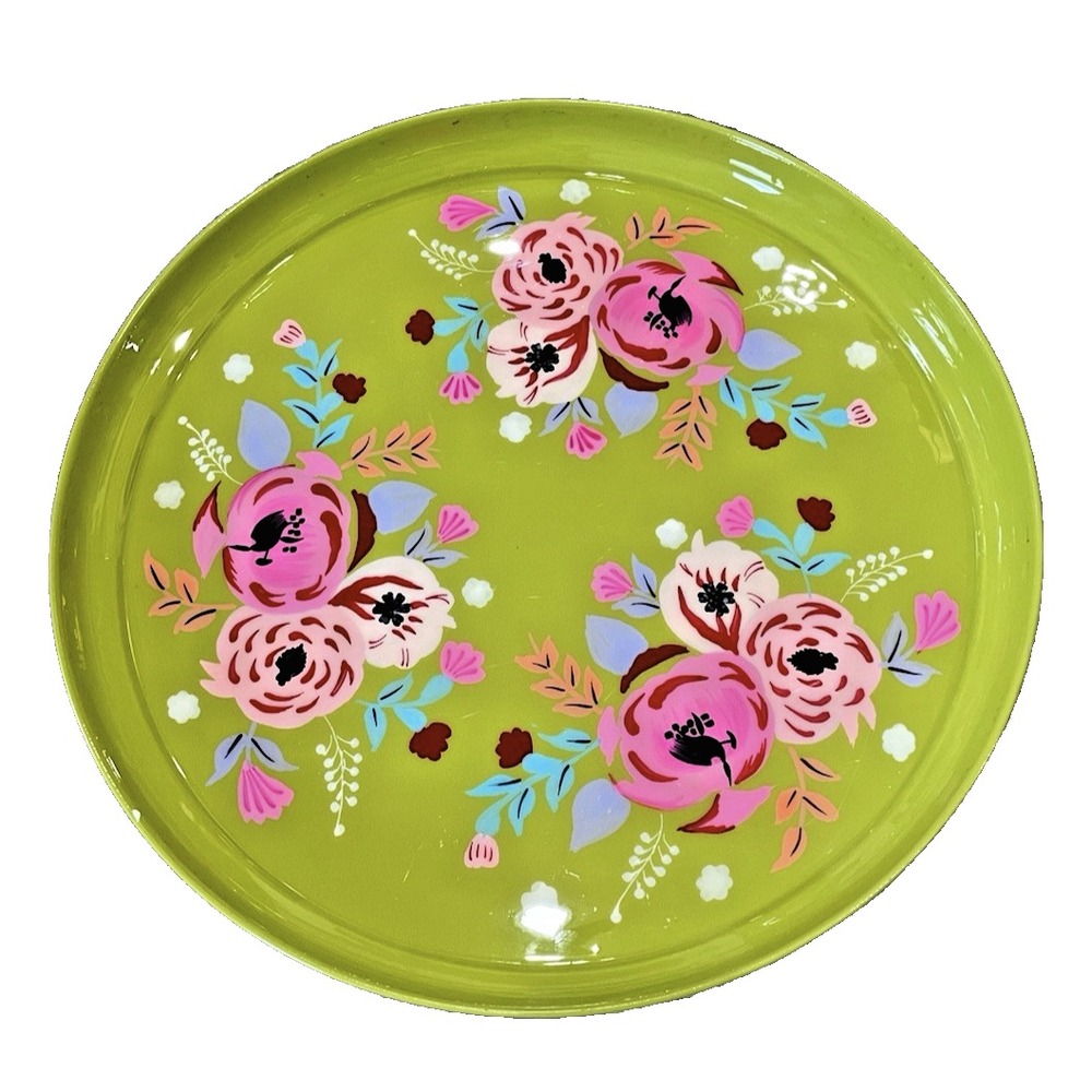 Hand Painted‎ Metal Bright Green Flowers 15.5" Tray One Hundred 80 degrees New
